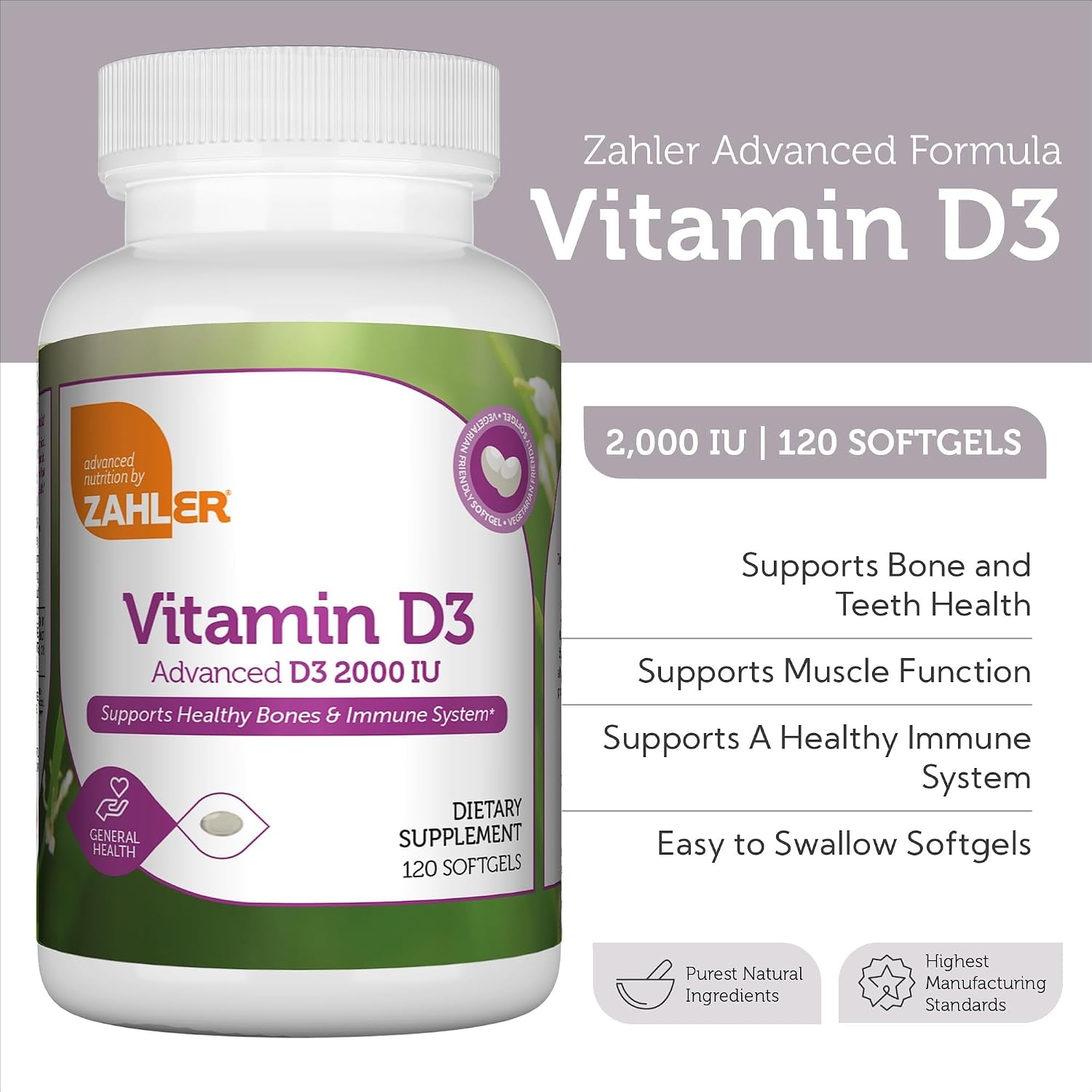Zahler - Vitamina D3 2000 UI - 120 Cápsulas Blandas - Suplemento de Vitamina D para Huesos, Dientes y Sistema Inmunológico