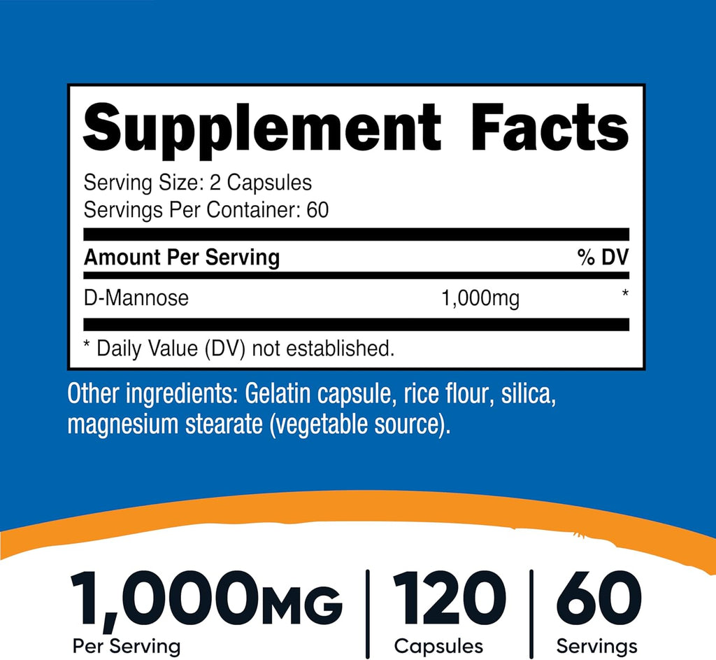 Nutricost D-Mannose 1000mg por dosis, 120 cápsulas - 500mg por cápsula, Salud del tracto urinario, No transgénico y sin gluten