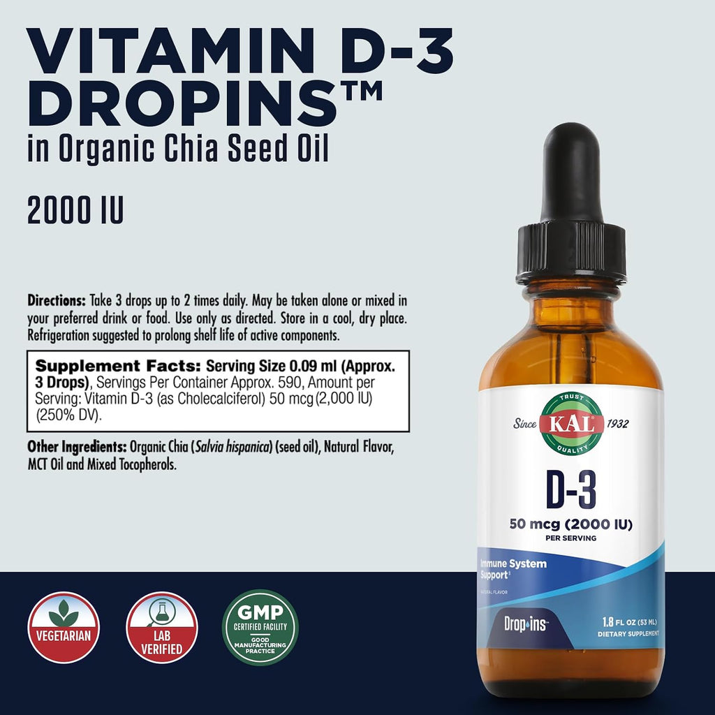 KAL Vitamin D3 2000 IU (50 mcg) Liquid Drops - Bone & Immunity Supplement
