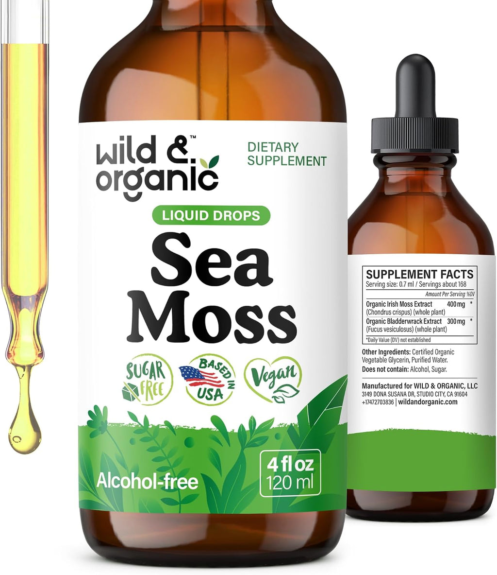 Wild & Organic Gotas Líquidas de Musgo Marino y Bladderwrack - Tintura Multimineral - Vegana, Sin Azúcar ni Alcohol - 60 ml