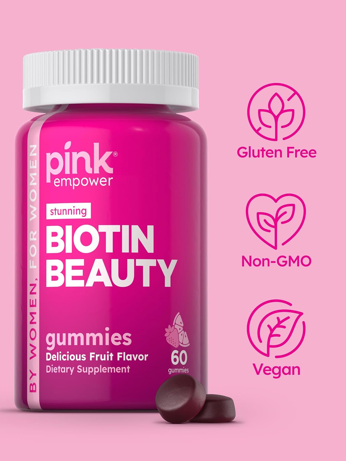 PINK Biotin Gummies | 2.500 mcg | 60 Gominolas | Vitamina para Cabello, Piel y Uñas | Sabor Fruta | Sin Gluten y No GMO