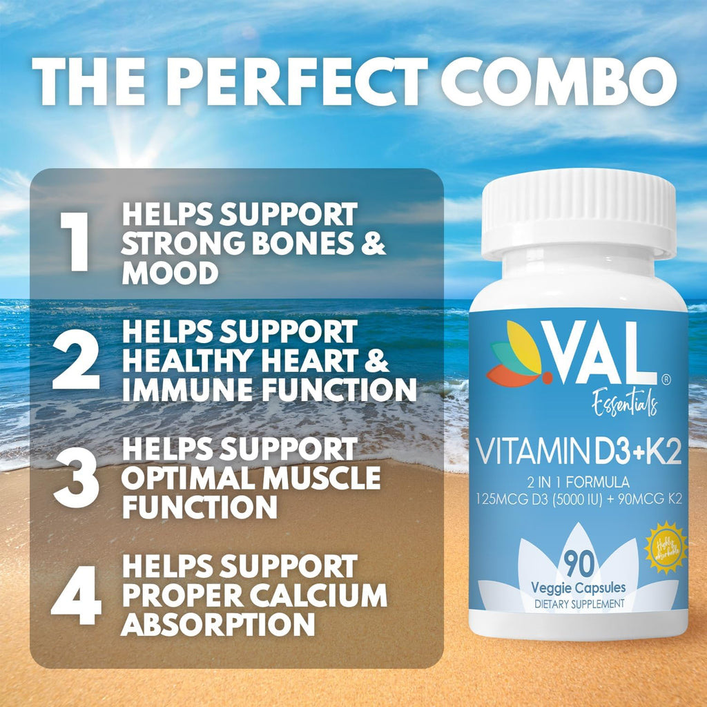 VAL Vitamina D3 + K2 (MK-7) 5000 UI & 90 mcg - 90 Cápsulas Veganas