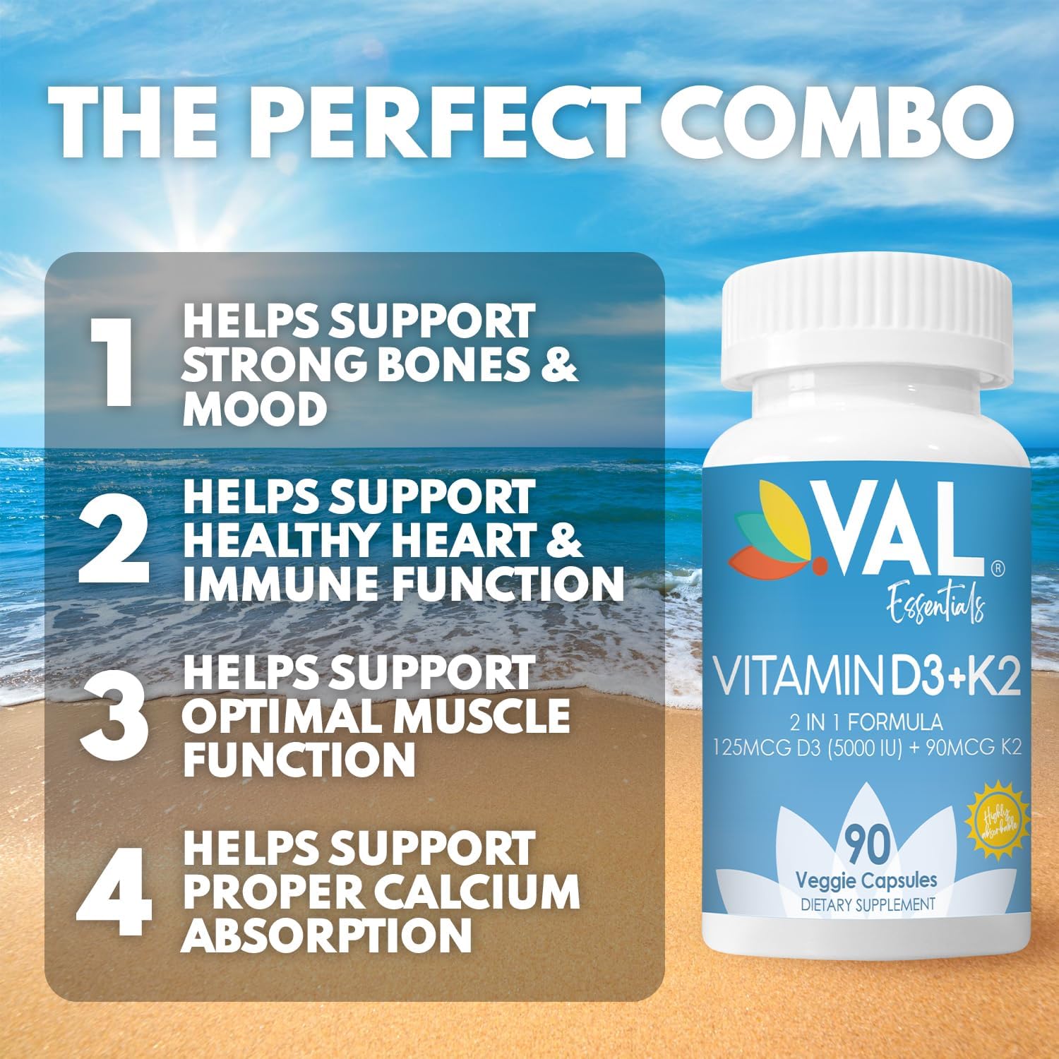 VAL Vitamina D3 + K2 (MK-7) 5000 UI & 90 mcg - 90 Cápsulas Veganas