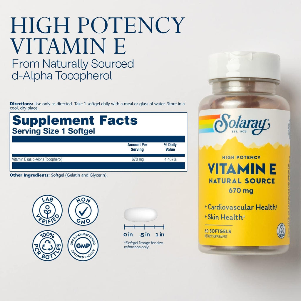 Solaray Vitamina E 1000 UI - 60 Cápsulas Blandas de d-Alfa-Tocoferol Natural