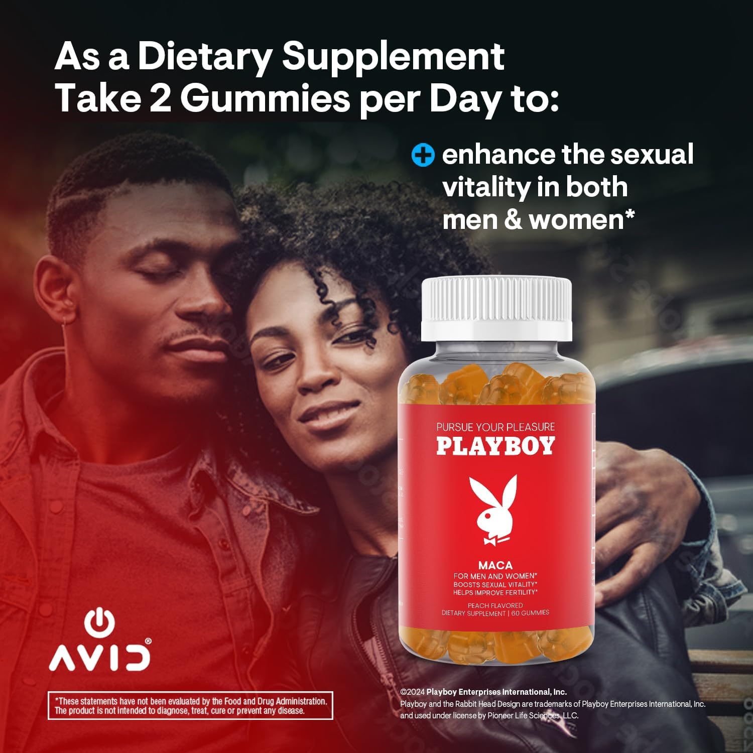 Playboy - Gominolas de Maca para Hombres y Mujeres (60 unidades - Sabor Melocotón) - Extracto 4:1 de Maca Peruana - 100% Natural, Vegano, Sin OGM