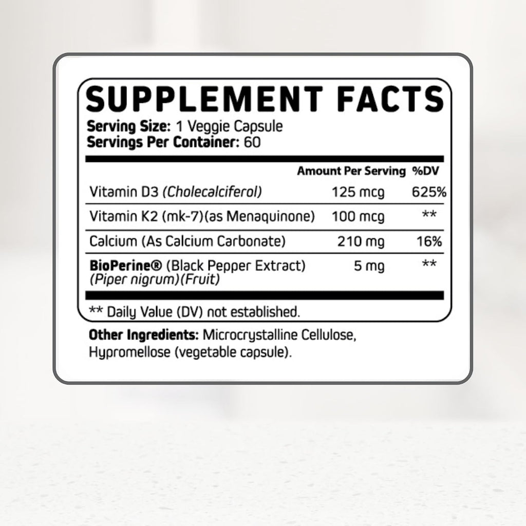 Vitamina D3 K2 con Calcio - 5000 UI + 100 mcg MK7, 60 Cápsulas - Orgaboom