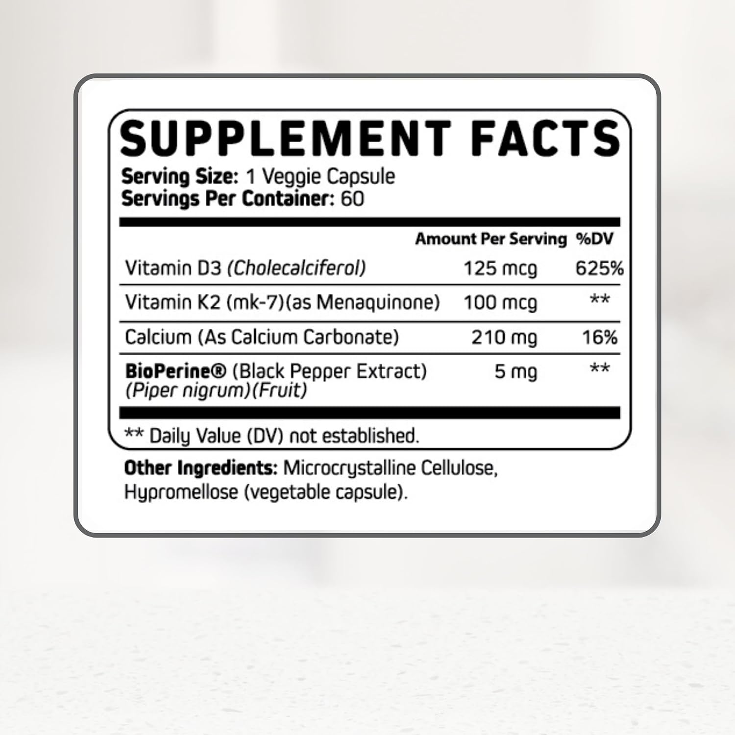 Vitamina D3 K2 con Calcio - 5000 UI + 100 mcg MK7, 60 Cápsulas - Orgaboom