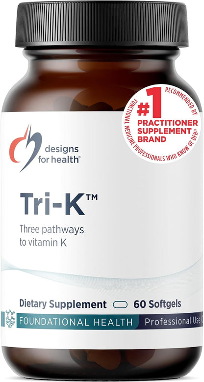Designs for Health TRI-K - Tres Formas de Vitamina K + GG, Alta Potencia - 2000mcg Vitamina K1, 500mcg K2 MK-4 - Sin OGM + – Image 1