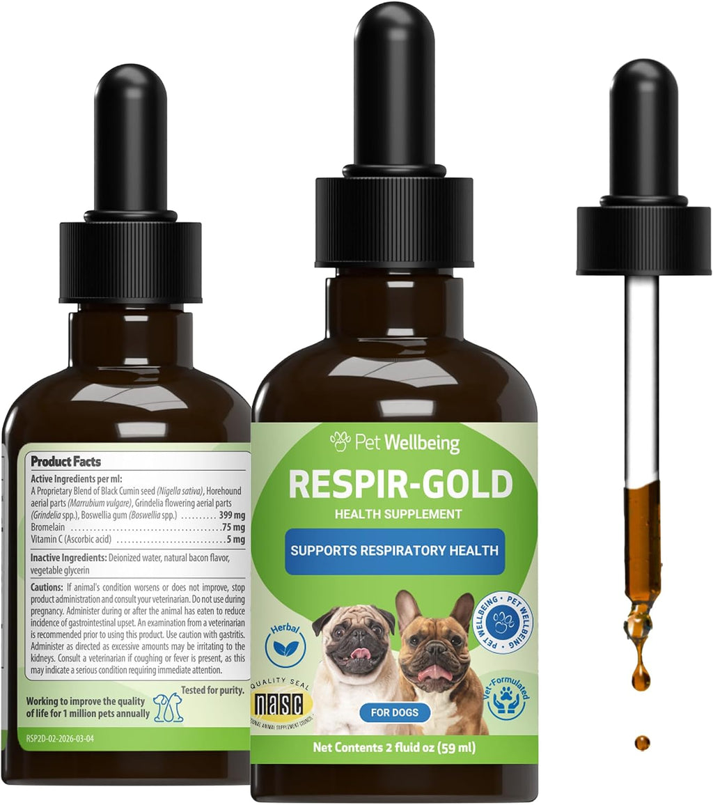 Pet Wellbeing Respir-Gold para Perros - Suplemento Líquido para Vías Respiratorias y Pulmones, con Comino Negro y Boswellia, Sabor Natural a Bacon, 59 ml
