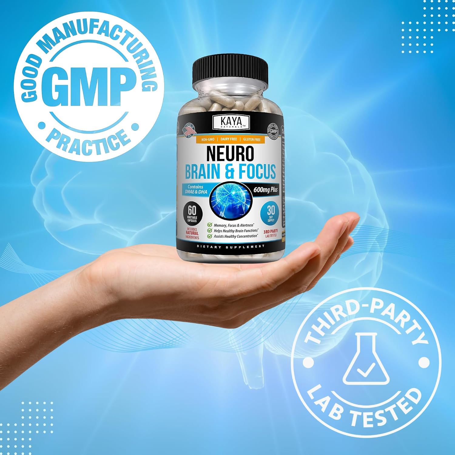 Kaya Naturals Neuro Brain - Cápsulas de apoyo cerebral para memoria y concentración - 60 unidades