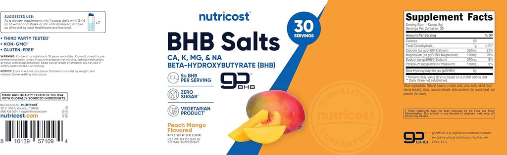 Nutricost BHB Salts Drink Mix (30 porciones, sabor melocotón mango, 5 g de BHB por porción) - 0 g de azúcares totales, producto vegetariano