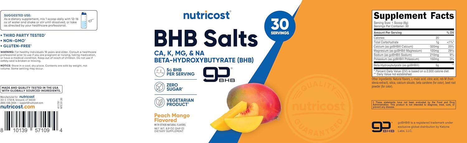 Nutricost BHB Salts Drink Mix (30 porciones, sabor melocotón mango, 5 g de BHB por porción) - 0 g de azúcares totales, producto vegetariano