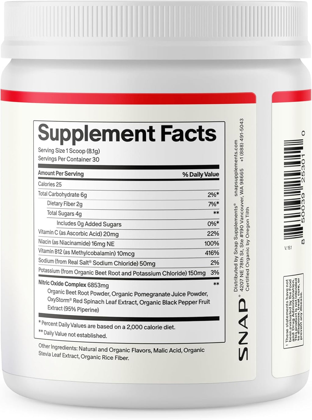 Snap Supplements Remolacha Orgánica en Polvo - Potenciador de Óxido Nítrico con Granada y Espinaca Roja - Sin Cafeína - 30 Servicios