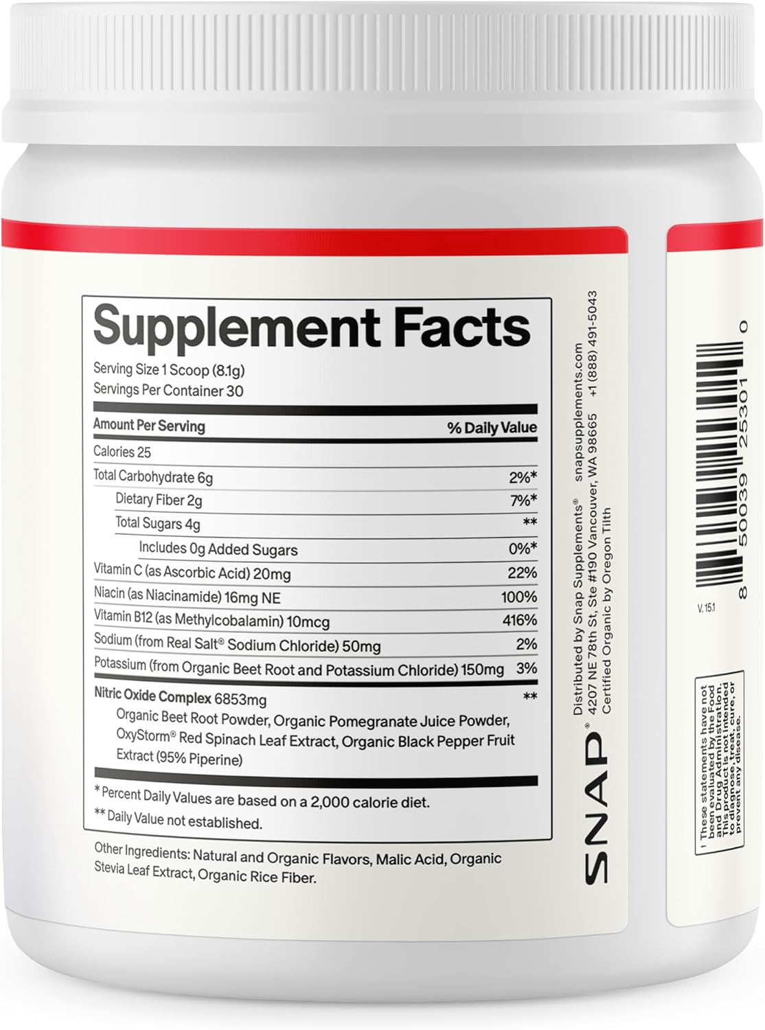 Snap Supplements Remolacha Orgánica en Polvo - Potenciador de Óxido Nítrico con Granada y Espinaca Roja - Sin Cafeína - 30 Servicios