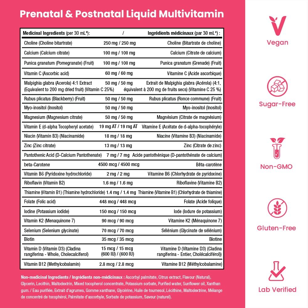 Mother's Promise Multivitamínico Prenatal y Postnatal Líquido Sin Azúcar con Folato, Colina y Frutas Orgánicas – Vegano