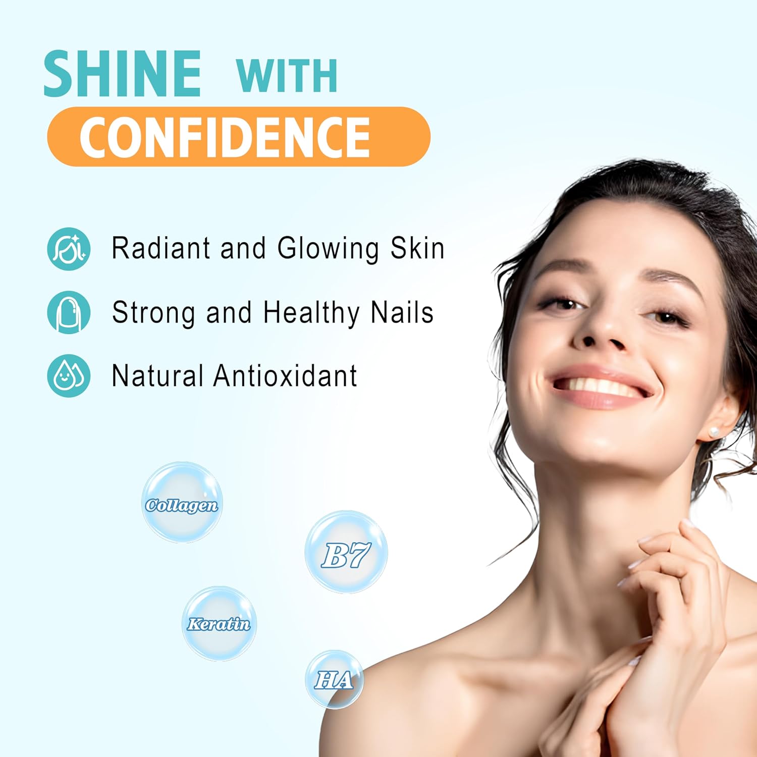 Gominolas de Biotina con Colágeno, para Cabello, Piel y Uñas - Sabor Arándano, Sin Azúcar, 60 unidades