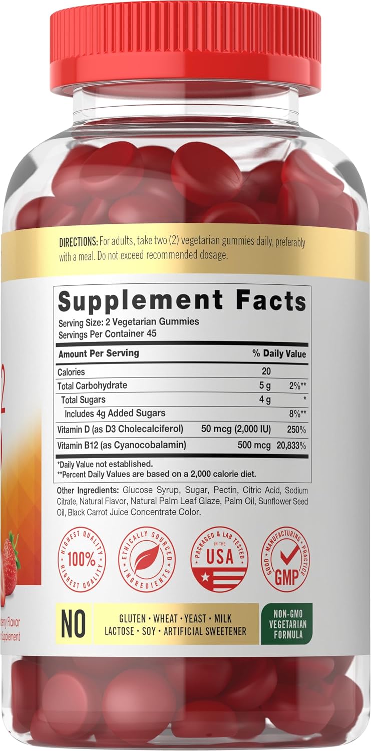 Carlyle Vitamina D3 + B12 Complex Gominolas | 90 uds | Vegetariano, No GMO, Sin Gluten | Sabor Fresa