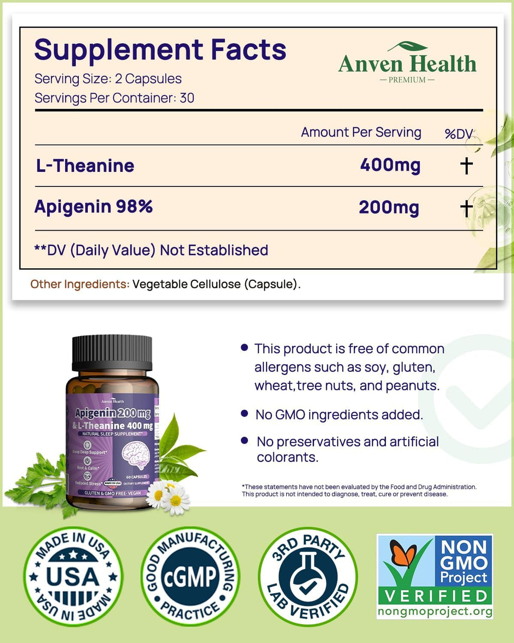 Anven Health L-Teanina 400mg + Apigenina 200mg | 60 Cápsulas Vegetales