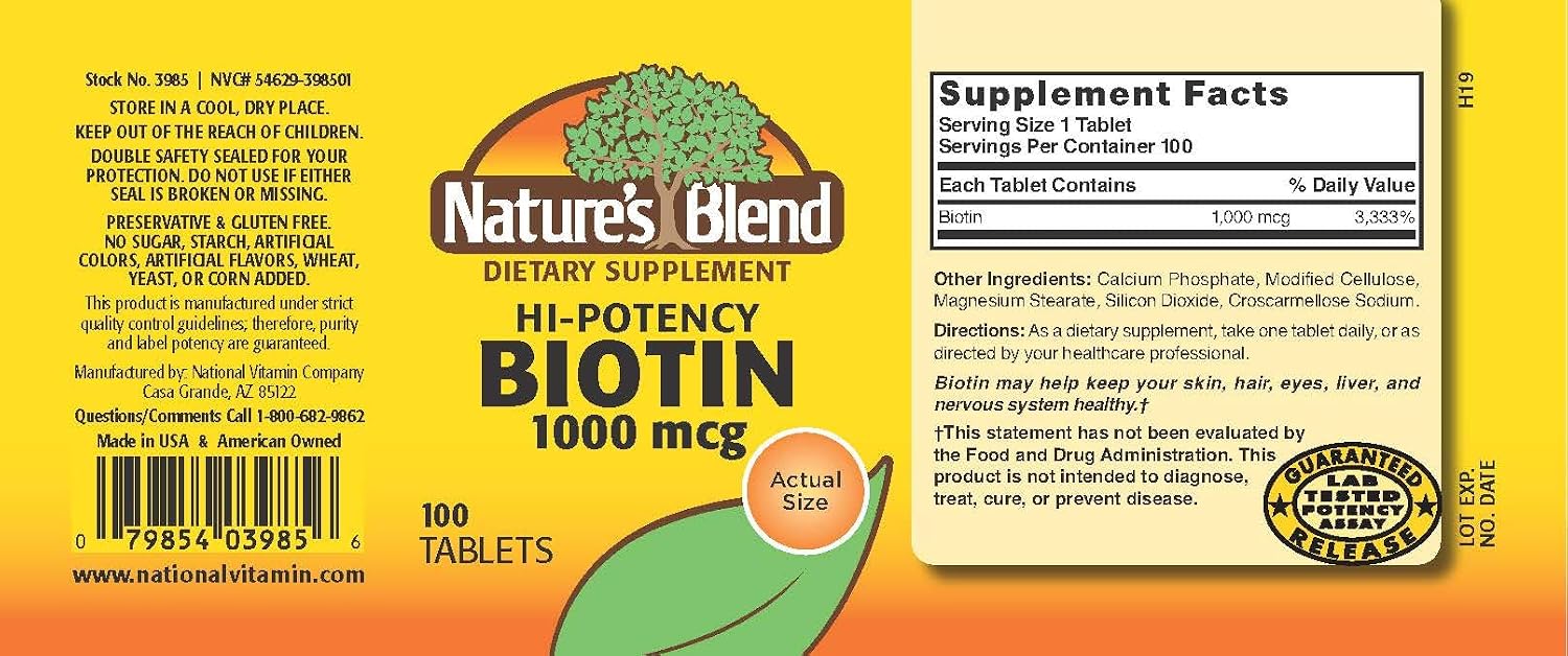 Nature's Blend Biotina Alta Potencia 1000 mcg, 100 Comprimidos