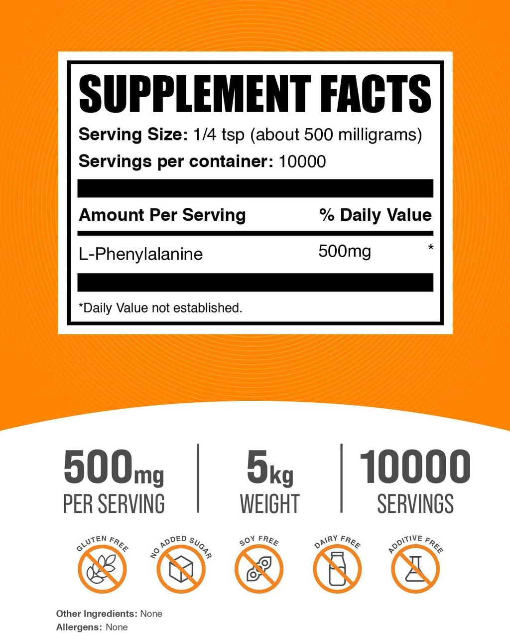BulkSupplements L-Phenylalanine en Polvo - 500mg por Ración, 5 kg