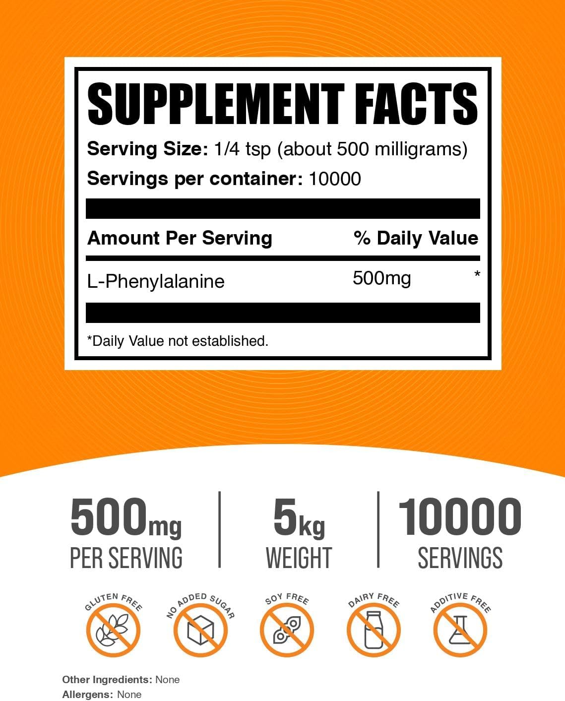 BulkSupplements L-Phenylalanine en Polvo - 500mg por Ración, 5 kg