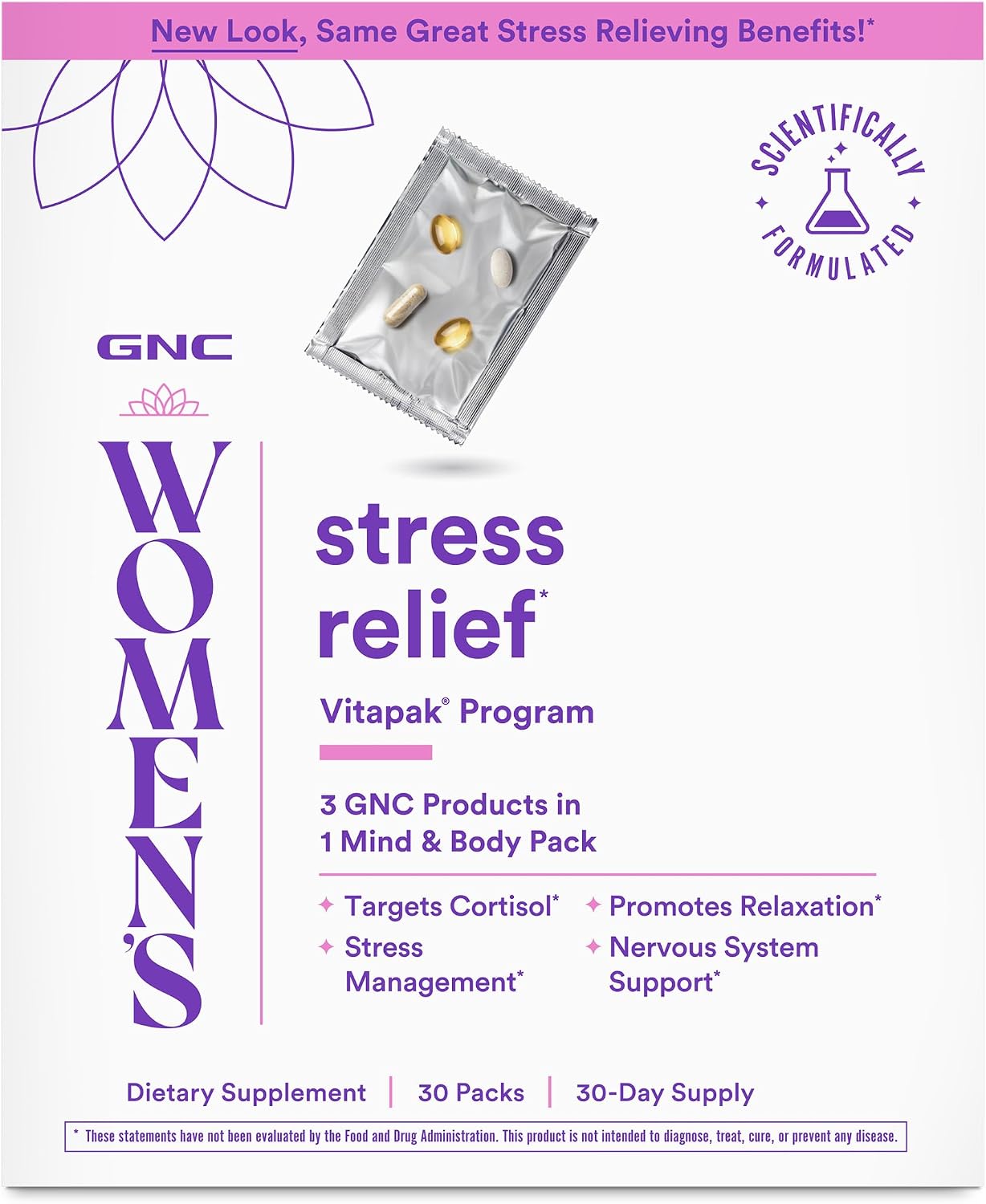 GNC Women's Stress Relief Vitapak: Manejo del Estrés y Cortisol, 30 Paquetes