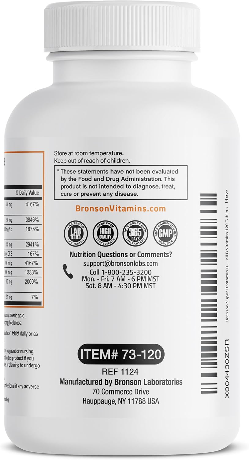 Bronson Super B Complejo B con Liberación Sostenida (Vitaminas B1, B2, B3, B6, B9, B12, Biotina) 120 Comprimidos