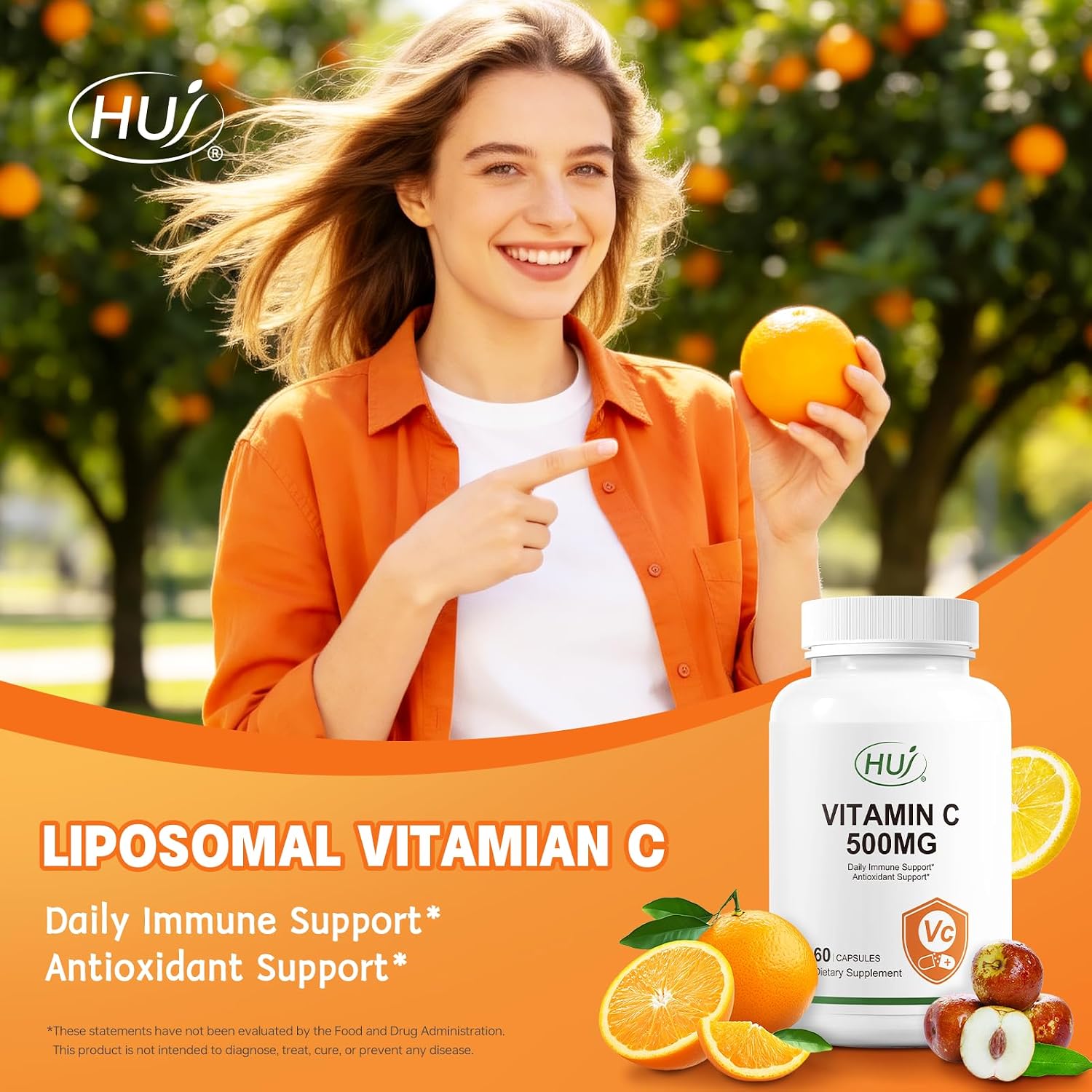 HUJ Vitamina C 500mg, Apoyo Inmunológico y Antioxidante, 60 Cápsulas