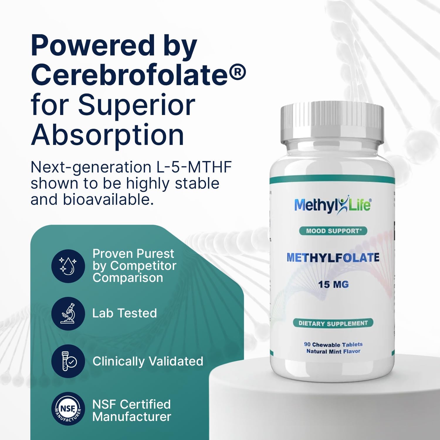 Methyl-Life® L-Methylfolate 15 mg – Suplemento de Folato Activo con Cerebrofolate® – Comprimidos Masticables, 90 Unidades