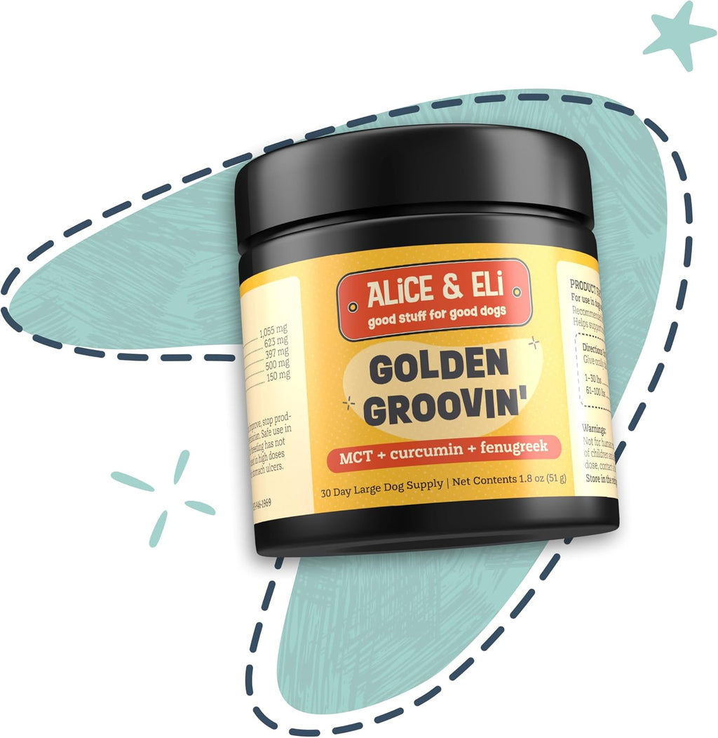 Alice & Eli Golden Groovin' Turmeric para Perros - Apoyo Inmunitario y Articular Natural con Curcumina Orgánica, MCT y Fenogreco - Suministro para 30 Días para Perros Grandes