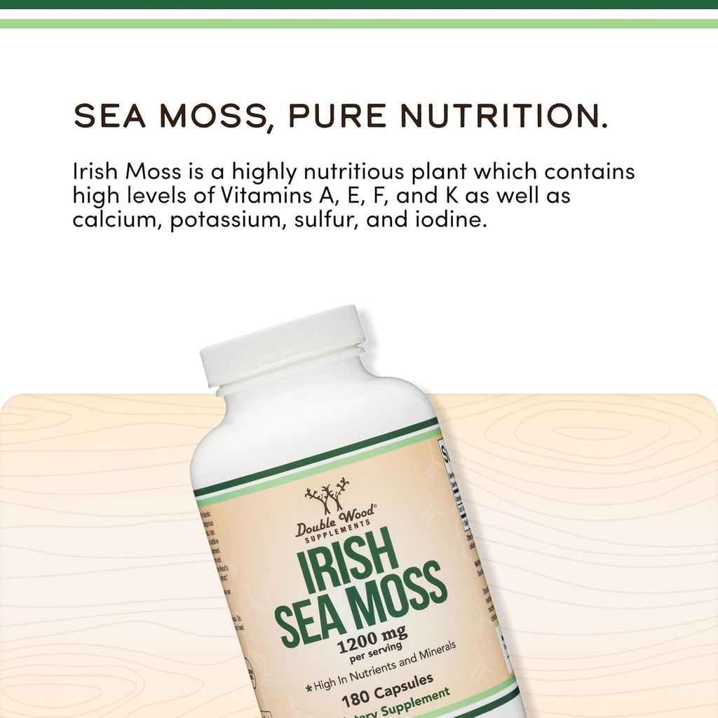 Irish Sea Moss Cápsulas, 180 cápsulas, 1.200 mg por porción - Double Wood Supplements