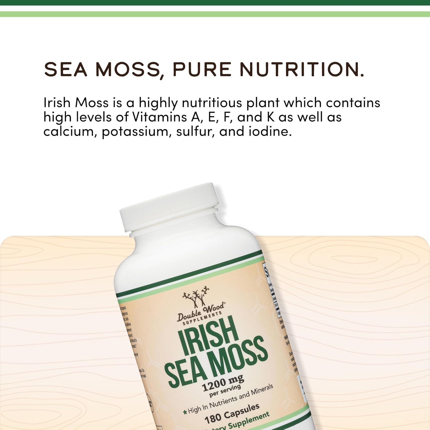 Irish Sea Moss Cápsulas, 180 cápsulas, 1.200 mg por porción - Double Wood Supplements