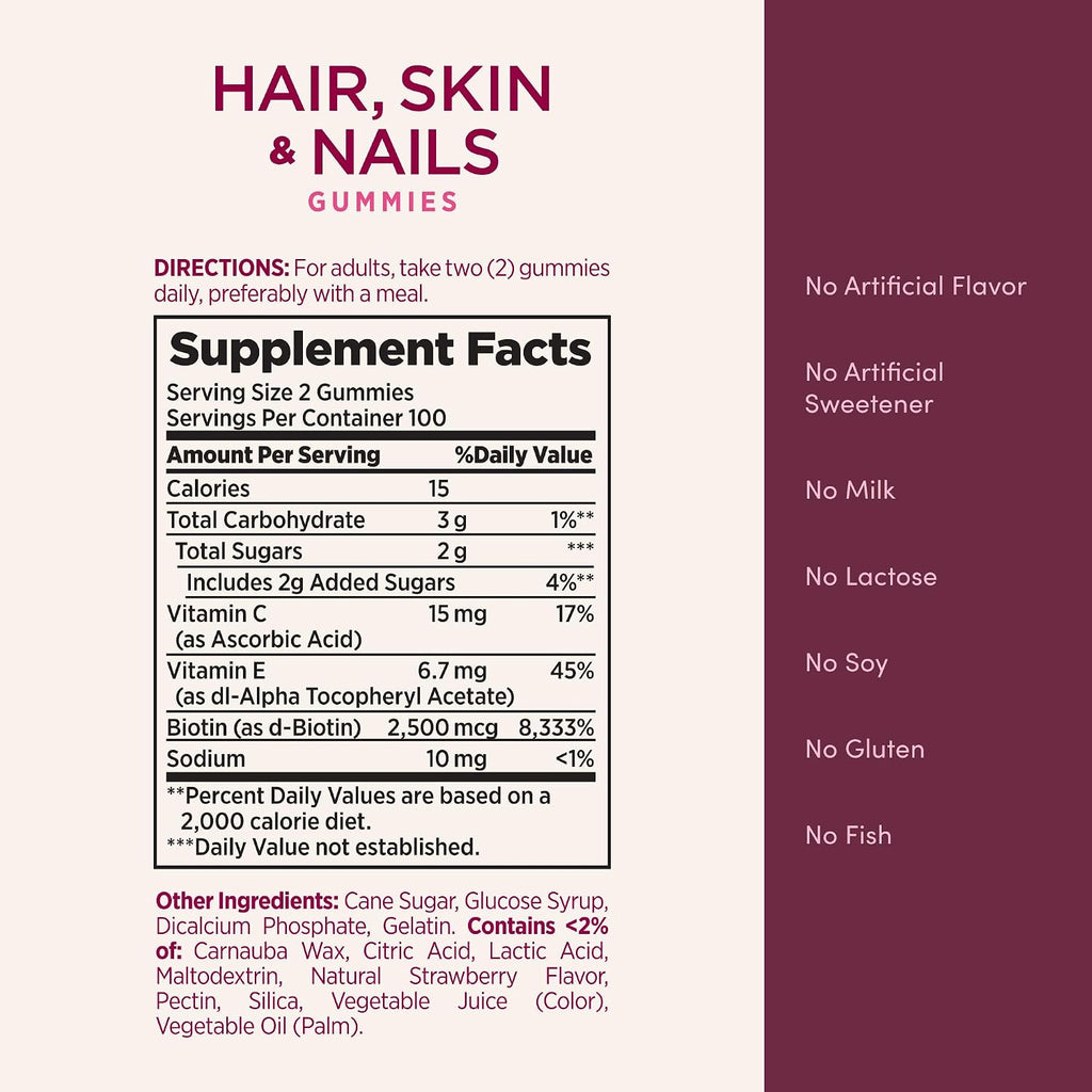 Nature's Bounty Gominolas para Cabello, Piel y Uñas con Biotina 2500 mcg, Sabor Fresa, 200 unidades