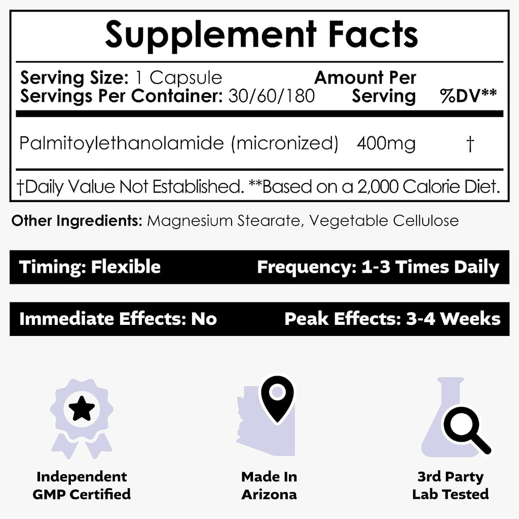 Nootropics Depot Palmitoiletanolamida (PEA) 400mg Cápsulas - Apoyo Articular, Nervioso e Inmune - 180 Cápsulas