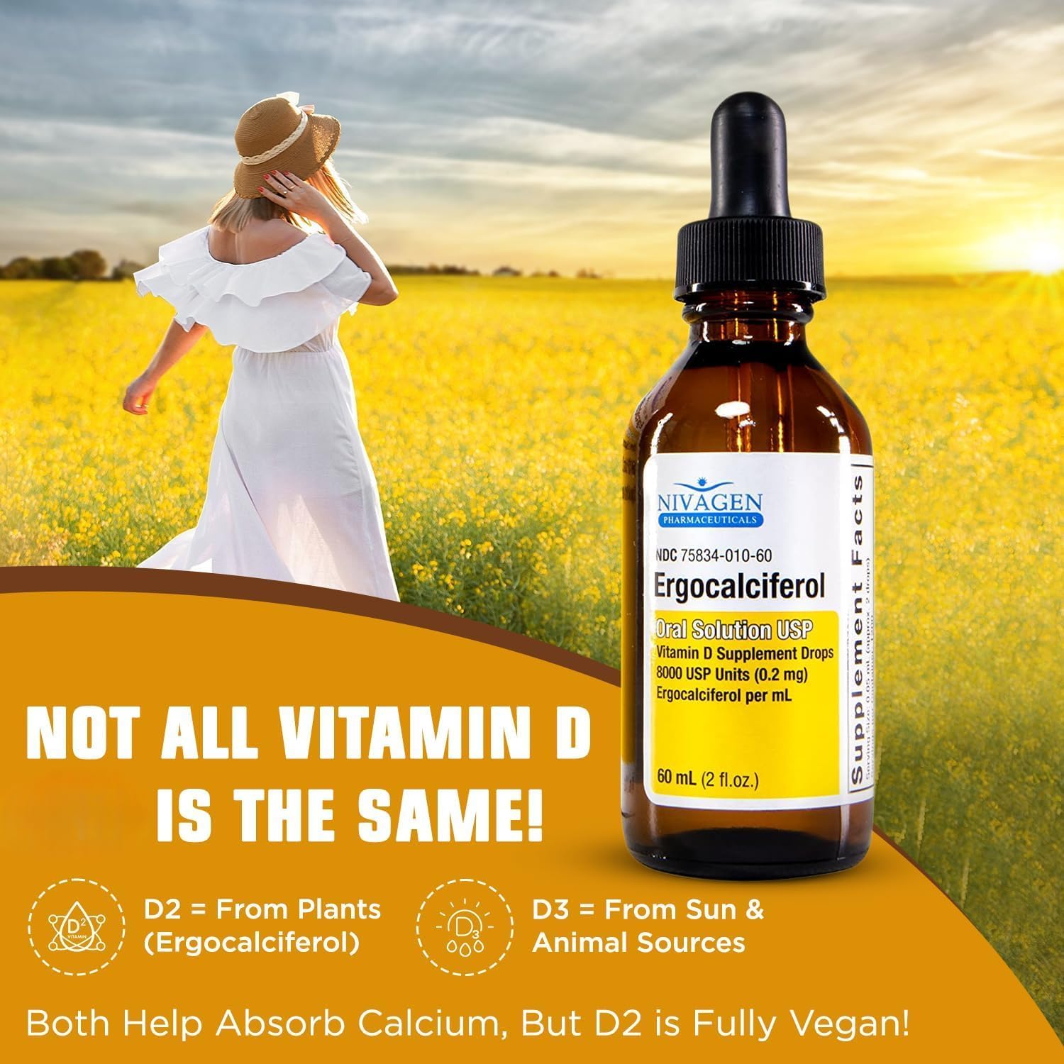 Nivagen Gotas Líquidas de Vitamina D2, 400 UI por Dosis, 60 ml