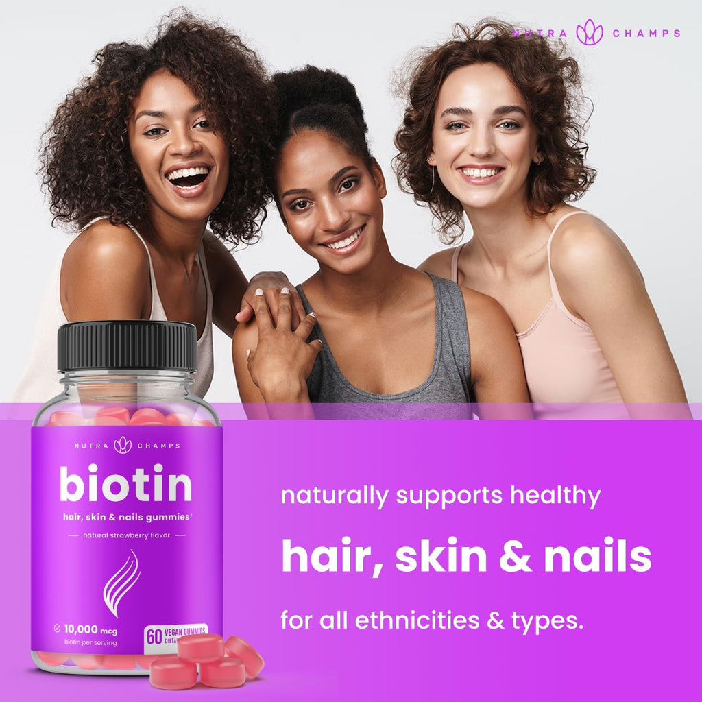 NutraChamps Biotin Gummies 10000mcg - Gominolas de Biotina para Cabello, Piel y Uñas - Vegano, Sin Gluten