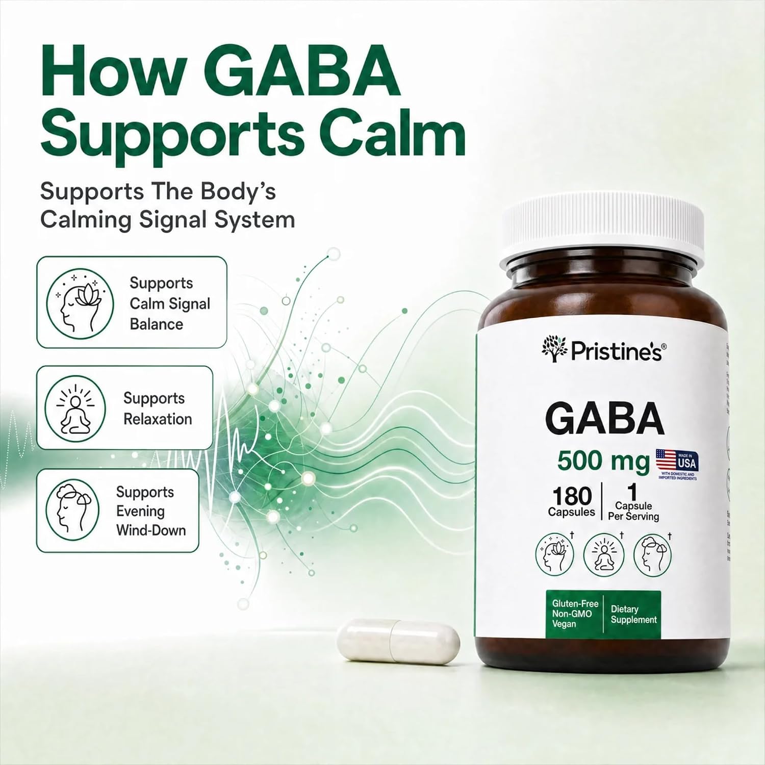 PRISTINE'S GABA 500mg - Apoyo al Sueño y Relajación - 180 Cápsulas