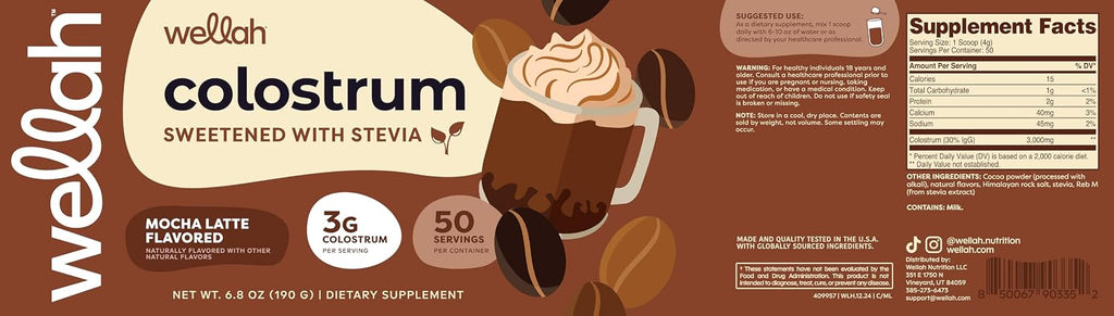 Wellah Colostrum Sabor Mocha Latte (50 raciones) - Endulzado con Stevia, 3g de Calostro por Ración, Complemento Alimenticio