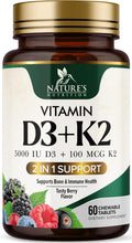 Nature's Nutrition Vitamina D3 K2 5000 UI + 100 mcg MK-7 - 60 Comprimidos Masticables