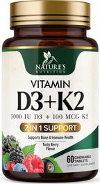 Nature's Nutrition Vitamina D3 K2 5000 UI + 100 mcg MK-7 - 60 Comprimidos Masticables