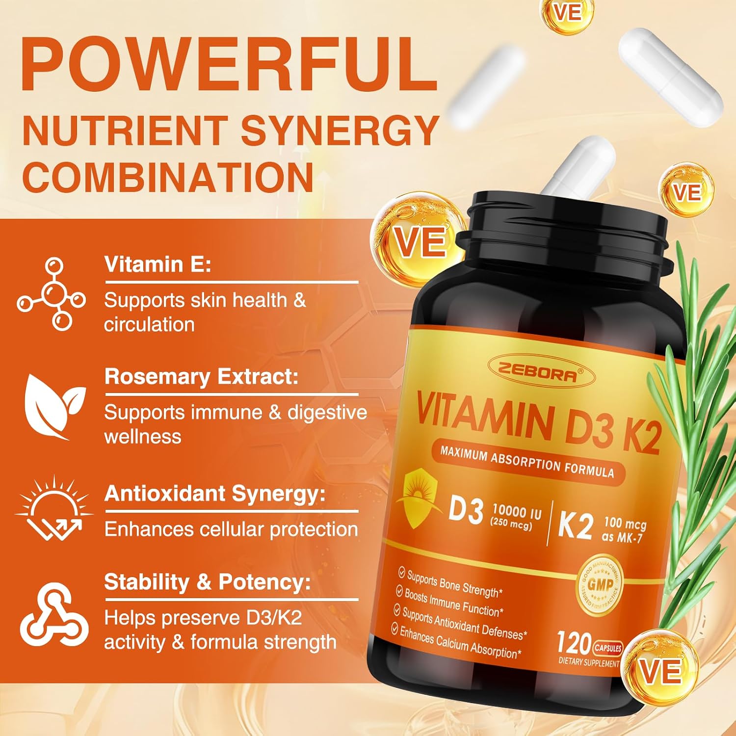 ZEBORA Vitamina D3 K2 - Máxima Potencia 10000 UI D3 y 100 mcg K2 como MK-7 - Salud Ósea, Cardíaca e Inmunológica - Sin Gluten, No GMO, 120 Cápsulas