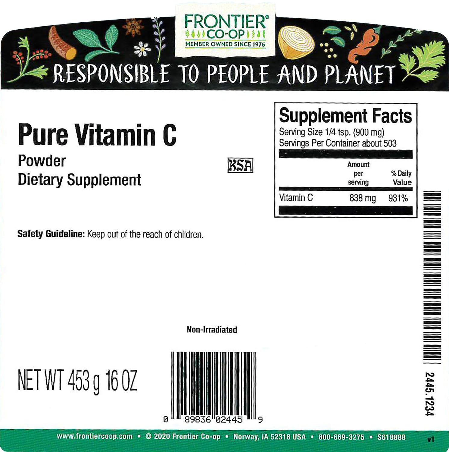 Frontier Co-op - Bulk Vitamin C Powder (3,400 mg per teaspoon), 454 g