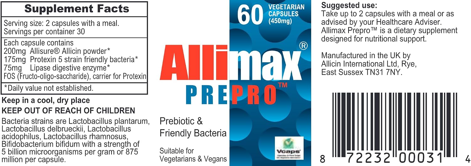 ALLIMAX Pre Pro - 60 Cápsulas. Alicina estabilizada más prebióticos, probióticos y enzimas digestivas.