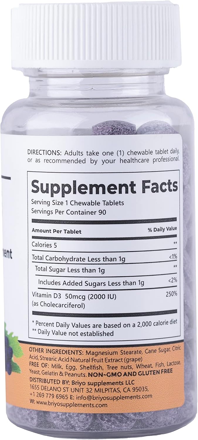 Briyosis Vitamina D3 2000 IU - 90 Comprimidos Masticables Sabor Uva Natural