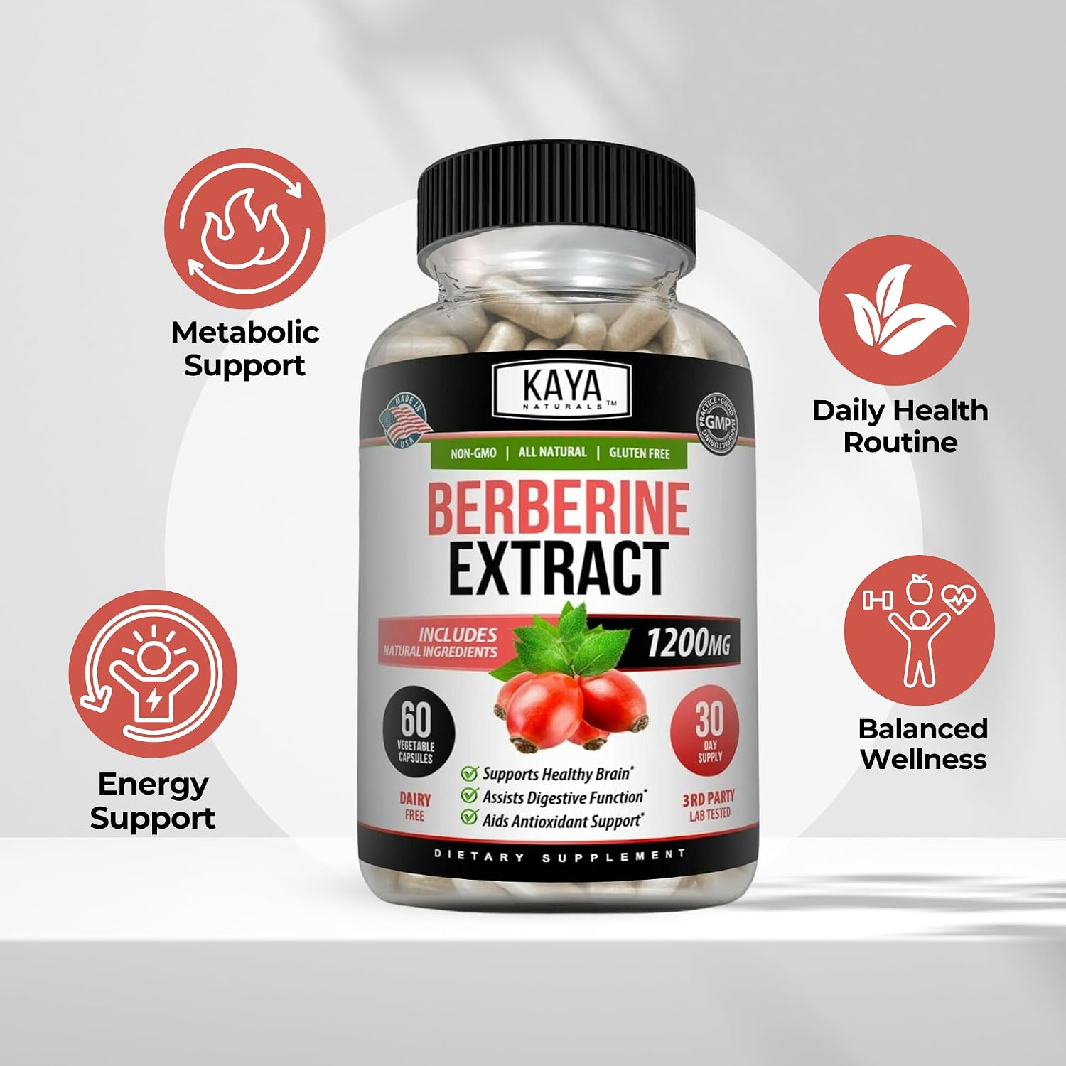 Kaya Naturals Berberina HCL Extract 1200mg - Sistema Inmunológico, Niveles de Glucosa, Salud Intestinal (60 Cápsulas)