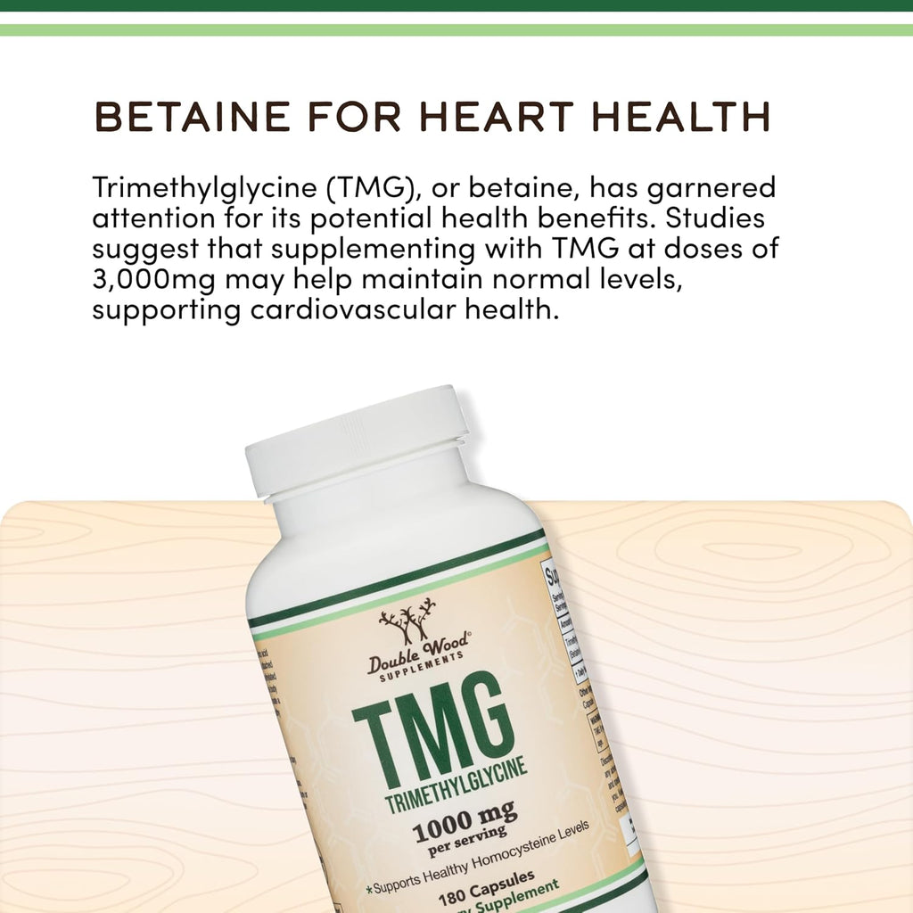 Double Wood Supplements TMG Trimethylglycina - 99%+ Pureza - 1000mg, 180 Cápsulas