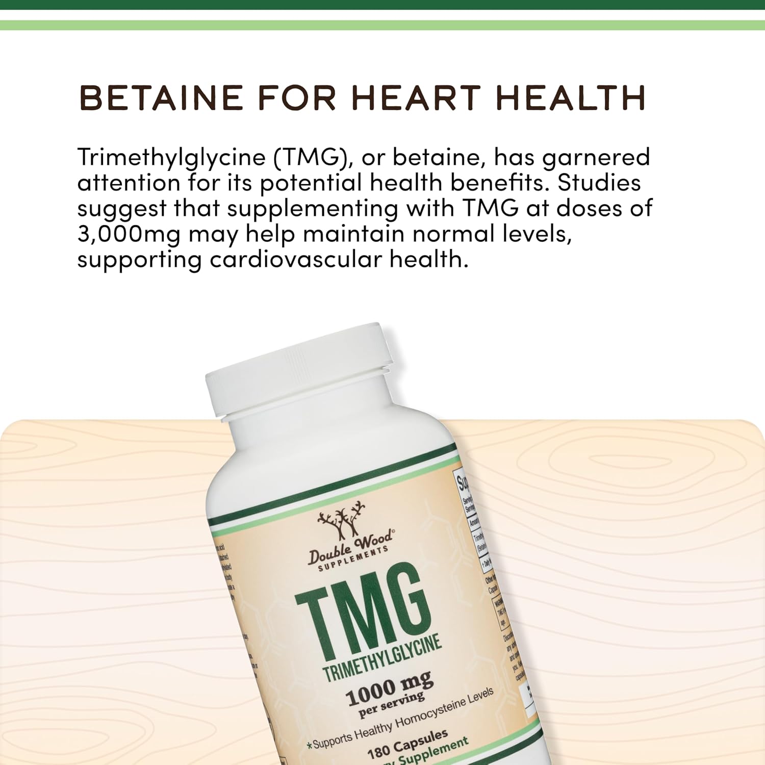 Double Wood Supplements TMG Trimethylglycina - 99%+ Pureza - 1000mg, 180 Cápsulas