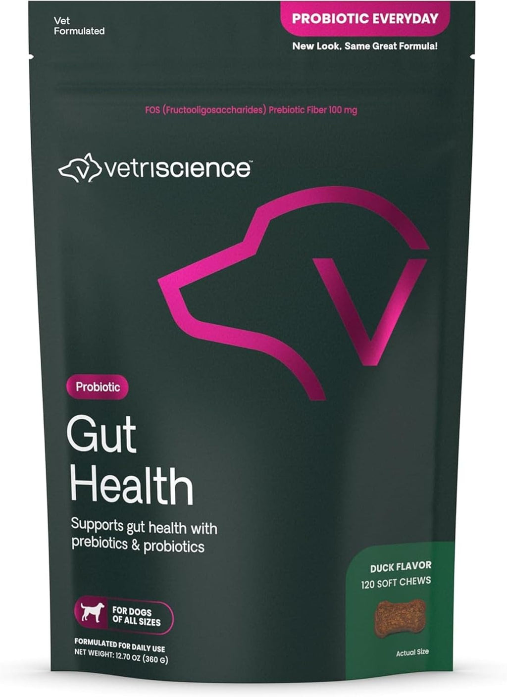VetriScience Gut Health Masticables Probióticos para Perros, Sabor a Pato, 120 unidades