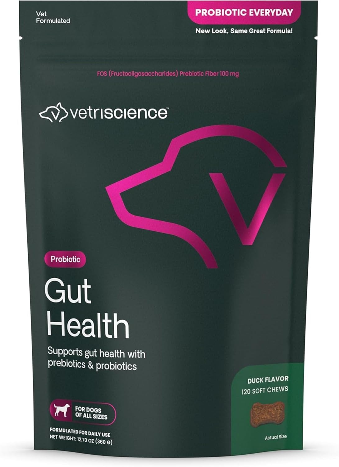 VetriScience Gut Health Masticables Probióticos para Perros, Sabor a Pato, 120 unidades