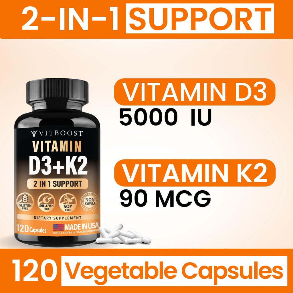 VITBOOST Complejo Vitamina D3 y K2 - 5000 UI D3 (125 mcg) + 90 mcg K2 MK-7 | 120 Cápsulas | No GMO | Sin Gluten